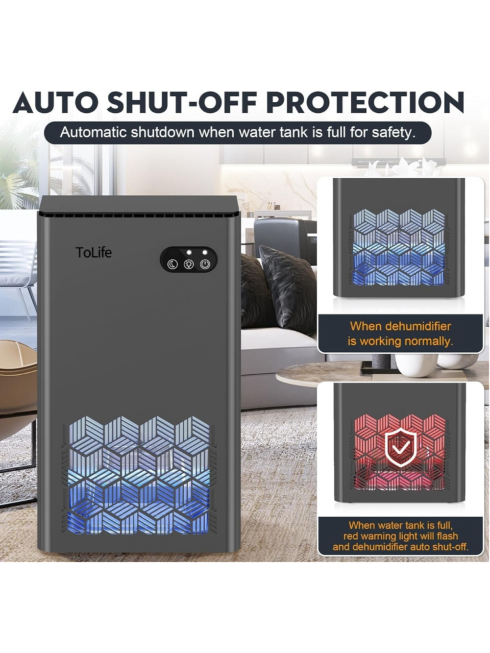 ToLife Dehumidifier quiet night mode &auto shut off 95oz Water Tank 1000 sq ft